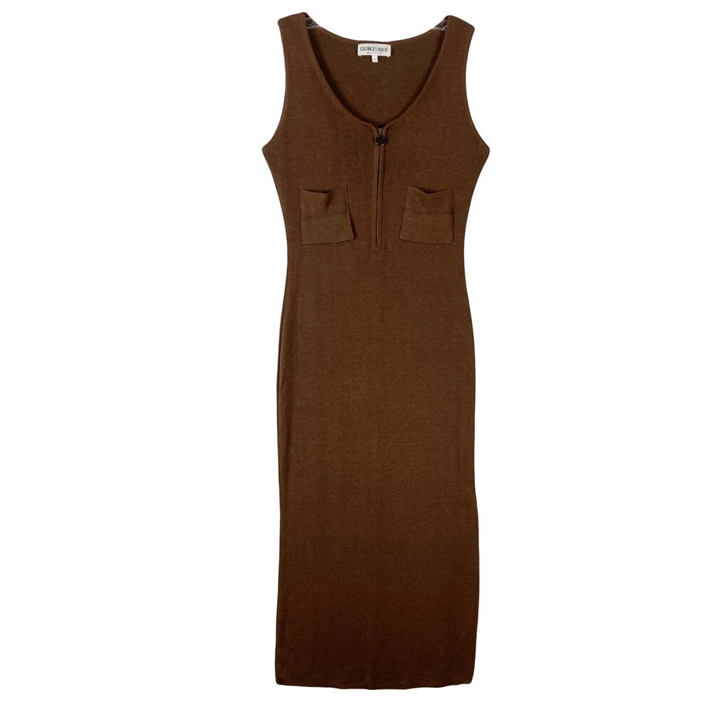 GEORGES RECH Dress 2~S ITALY Linen Flax Knit Slit Zip Pocket Brown MidiMaxi